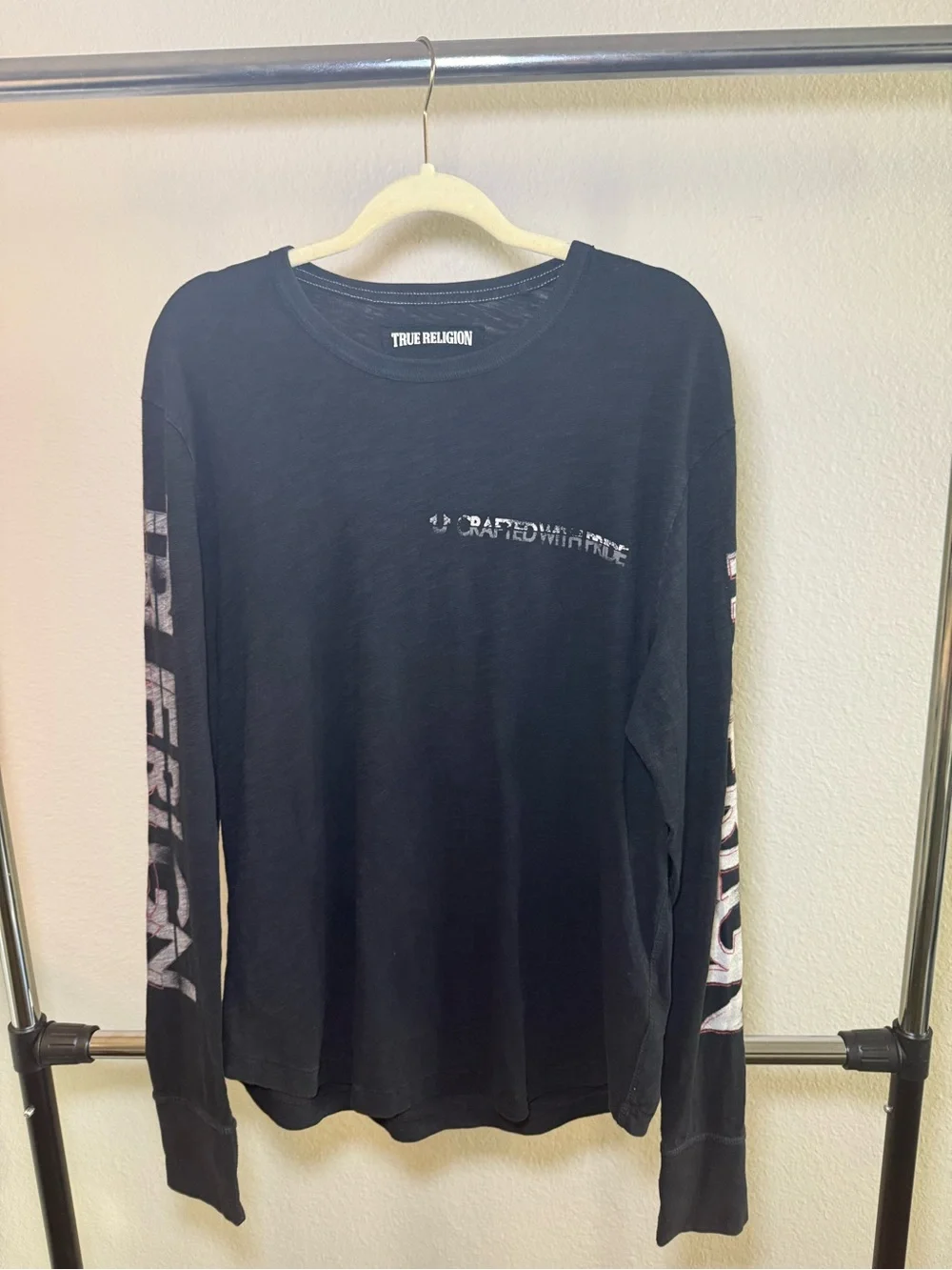 True Religion Black Long-Sleeve Graphic Tee with White Sleeve Lettering